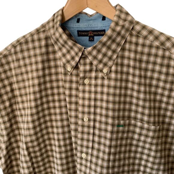 Vintage Tommy Hilfiger Shirt Mens XL Tan Plaid Long Sleeve Button Down Cotton - Picture 1 of 7